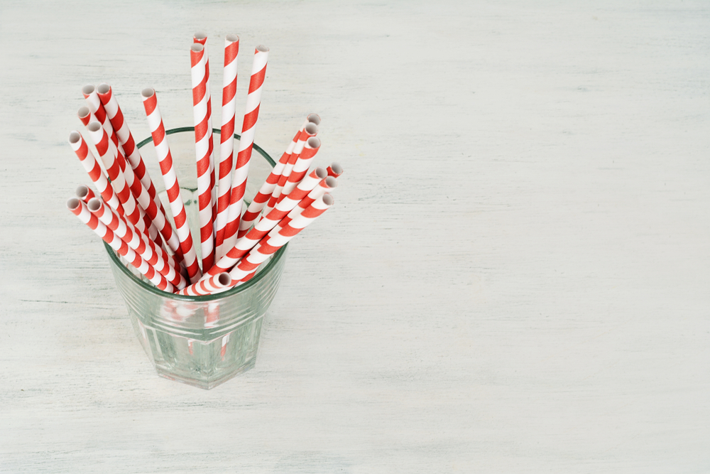 Red,Drinking,Straws,In,A,Glass,With,Copy,Space,On Produttori di cannucce biodegradabili